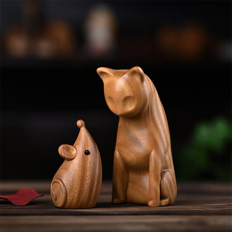 Buddha Stones Small Cat Mouse Green Sandalwood African Red Rosewood Peace Home Decoration - Green Sandalwood Cat And Mouse 9*4*4cm - image 0