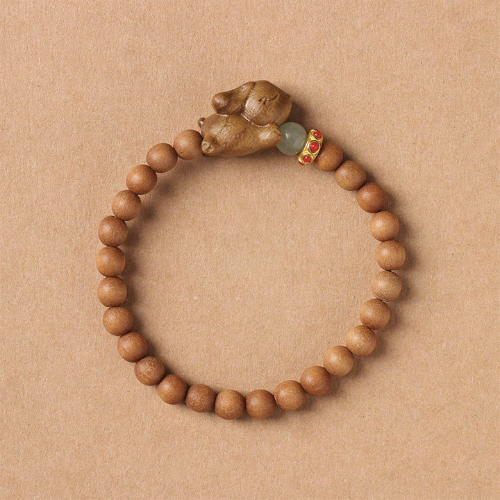 Buddha Stones Green Sandalwood Gold Sandalwood Cute Rabbit Positive Bracelet - 6mm Sandalwood(Wrist Circumference 14-15cm) - image 13