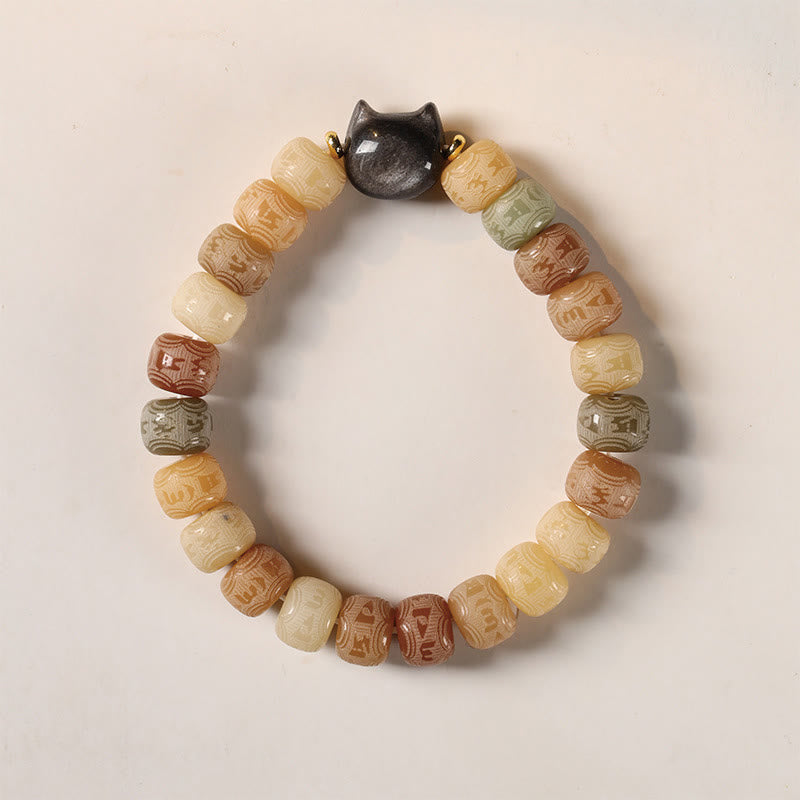 Buddha Stones Bodhi Seed Om Mani Padme Hum Carved Silver Sheen Obsidian Cat Head Wisdom Bracelet - image 1