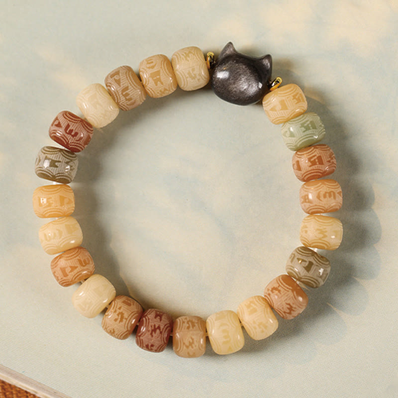 Buddha Stones Bodhi Seed Om Mani Padme Hum Carved Silver Sheen Obsidian Cat Head Wisdom Bracelet - image 2