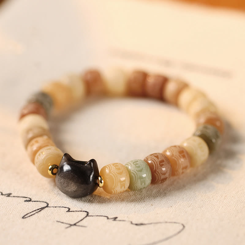 Buddha Stones Bodhi Seed Om Mani Padme Hum Carved Silver Sheen Obsidian Cat Head Wisdom Bracelet - 8*10mm Yellow Bodhi Seed(Wrist Circumference 14-16cm) - image 0