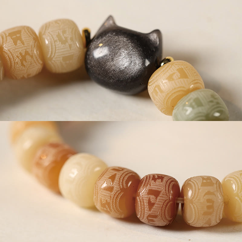 Buddha Stones Bodhi Seed Om Mani Padme Hum Carved Silver Sheen Obsidian Cat Head Wisdom Bracelet - image 5