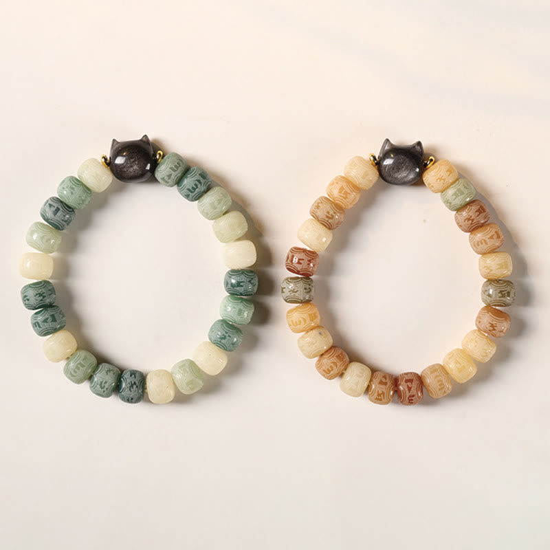 Buddha Stones Bodhi Seed Om Mani Padme Hum Carved Silver Sheen Obsidian Cat Head Wisdom Bracelet - image 16