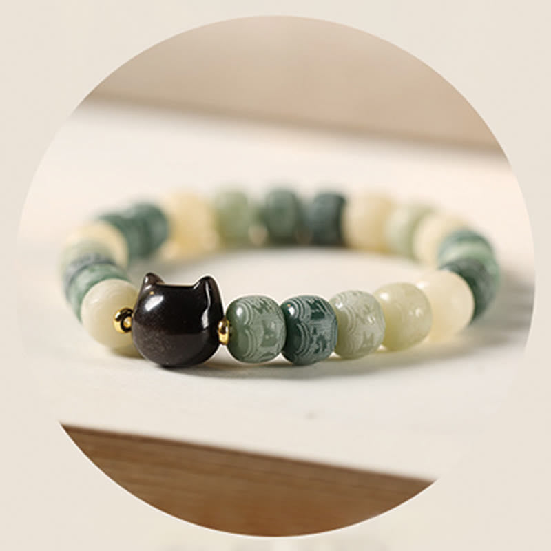 Buddha Stones Bodhi Seed Om Mani Padme Hum Carved Silver Sheen Obsidian Cat Head Wisdom Bracelet - image 15