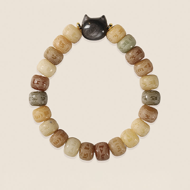 Buddha Stones Bodhi Seed Om Mani Padme Hum Carved Silver Sheen Obsidian Cat Head Wisdom Bracelet - image 3