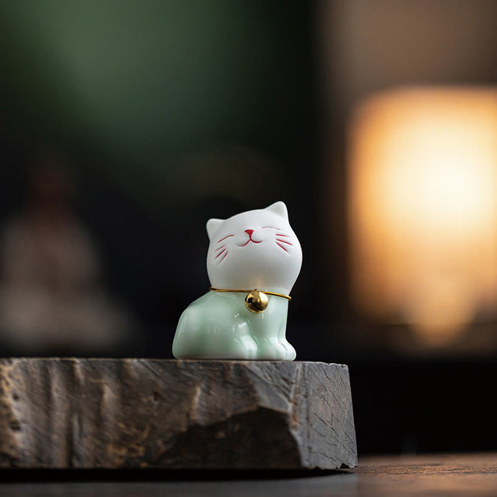 Buddha Stones Mini Lucky Cute Cat Light Green White Ceramic Figurine Decoration - image 3