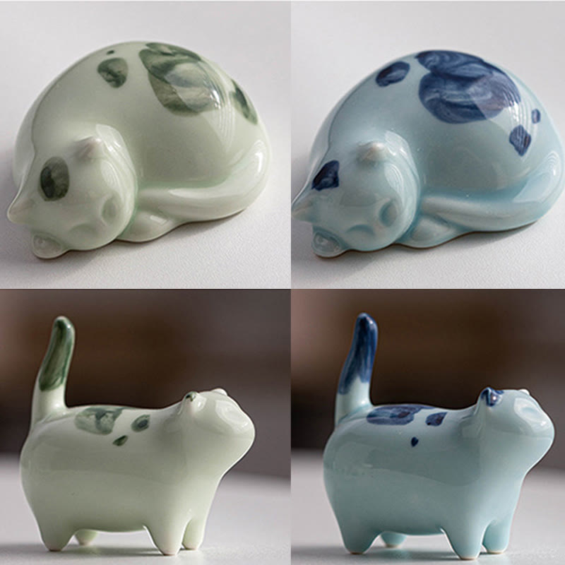 Buddha Stones Mini Lucky Cute Spotted Standing Cat Sleeping Kitten Ceramic Figurine Decoration - image 23