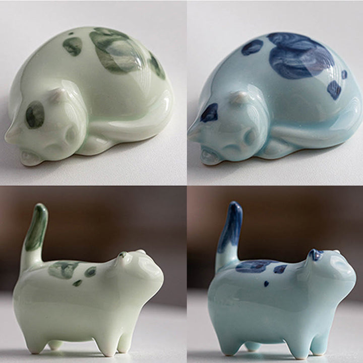 Buddha Stones Mini Lucky Cute Spotted Standing Cat Sleeping Kitten Ceramic Figurine Decoration - image 23