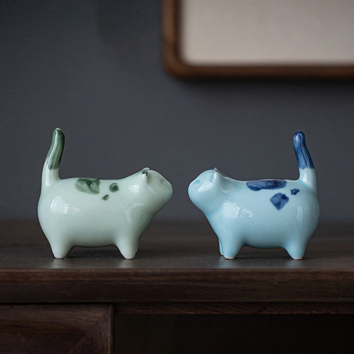 Buddha Stones Mini Lucky Cute Spotted Standing Cat Sleeping Kitten Ceramic Figurine Decoration - image 14