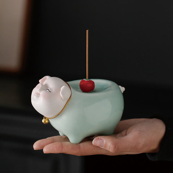 Buddha Stones Ceramic Little Pig Blessing Stick Incense Burner - 9*12*8cm - image 0