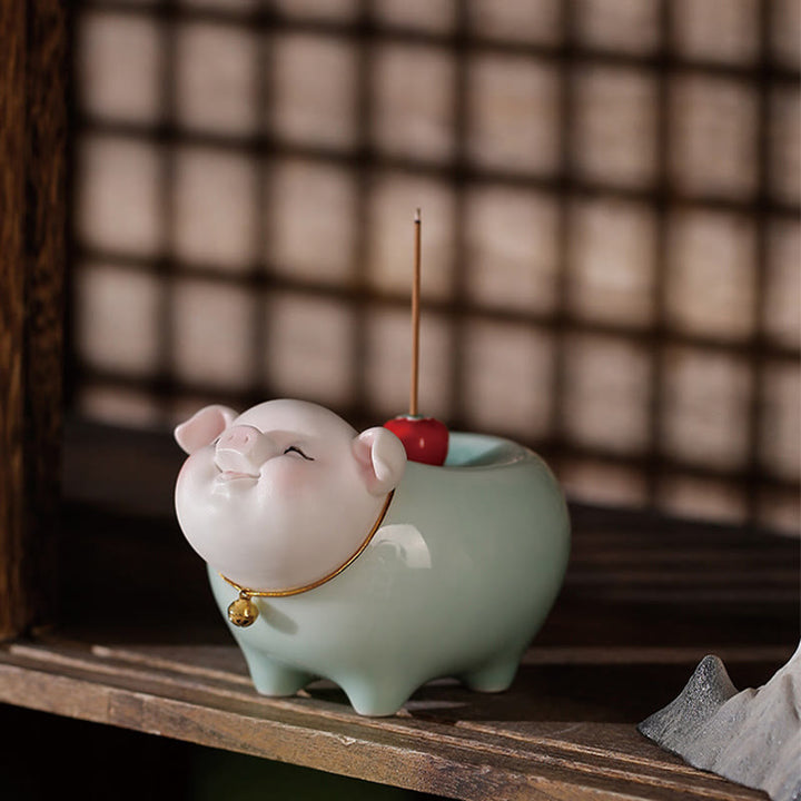 Buddha Stones Ceramic Little Pig Blessing Stick Incense Burner - image 3