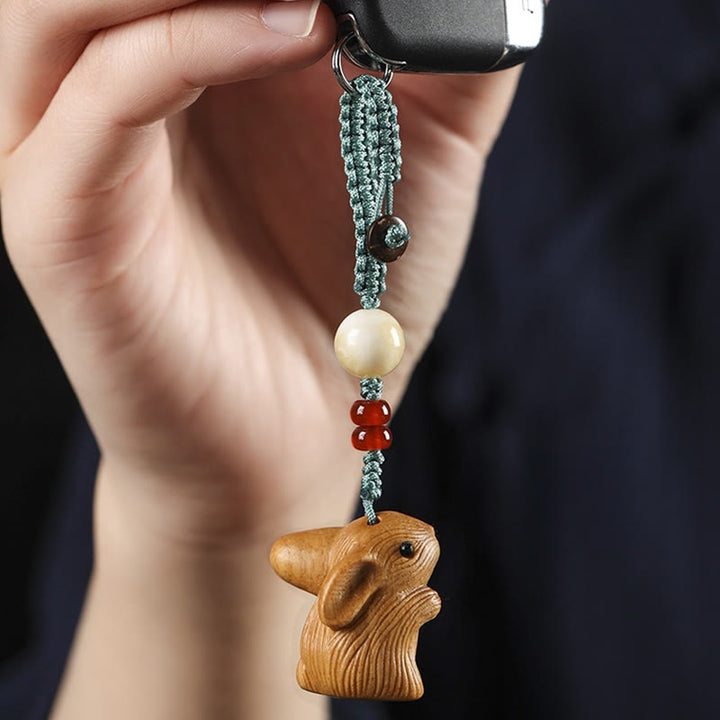 Buddha Stones Sandalwood Small Leaf Red Sandalwood Lucky Mini Rabbit Protection Key Chain Phone Hanging Decoration - image 2
