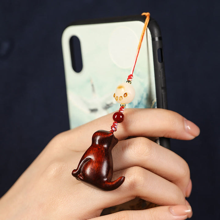 Buddha Stones Small Leaf Red Sandalwood Green Sandalwood Sandalwood Sitting Cat Sooth Phone Hanging Decoration - image 2