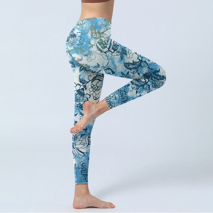 Buddha Stones Peony Chrysanthemum Print Gym Leggings Women's Yoga Pants - image 4