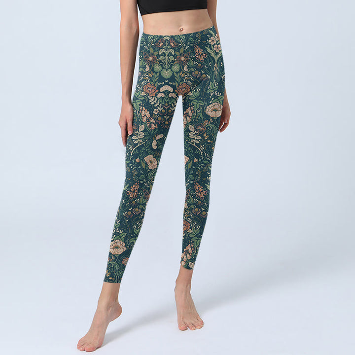 Buddha Stones Green Stitching Flowers Vines Pattern Print Gym Leggings Women's Yoga Pants - image 5