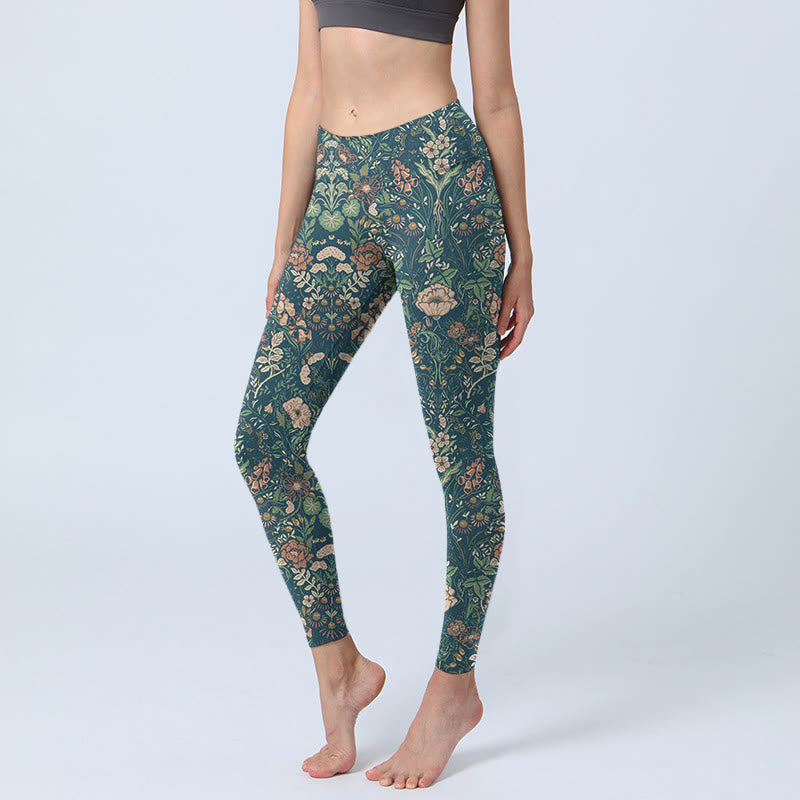 Buddha Stones Green Stitching Flowers Vines Pattern Print Gym Leggings Women's Yoga Pants - Teal - US18，UK/AU22，EU50 (4XL) - image 0