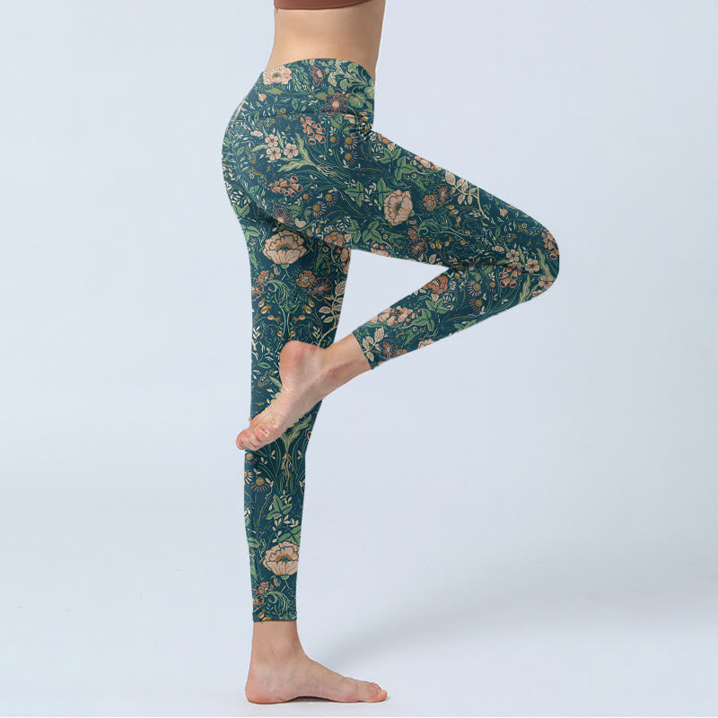 Buddha Stones Green Stitching Flowers Vines Pattern Print Gym Leggings Women's Yoga Pants - image 3
