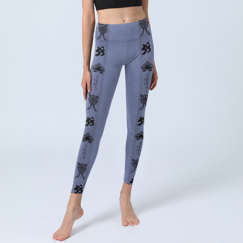 Buddha Stones Blue Stitching Sanskrit Word Om Lotus Pattern Print Gym Leggings Women's Yoga Pants - image 5