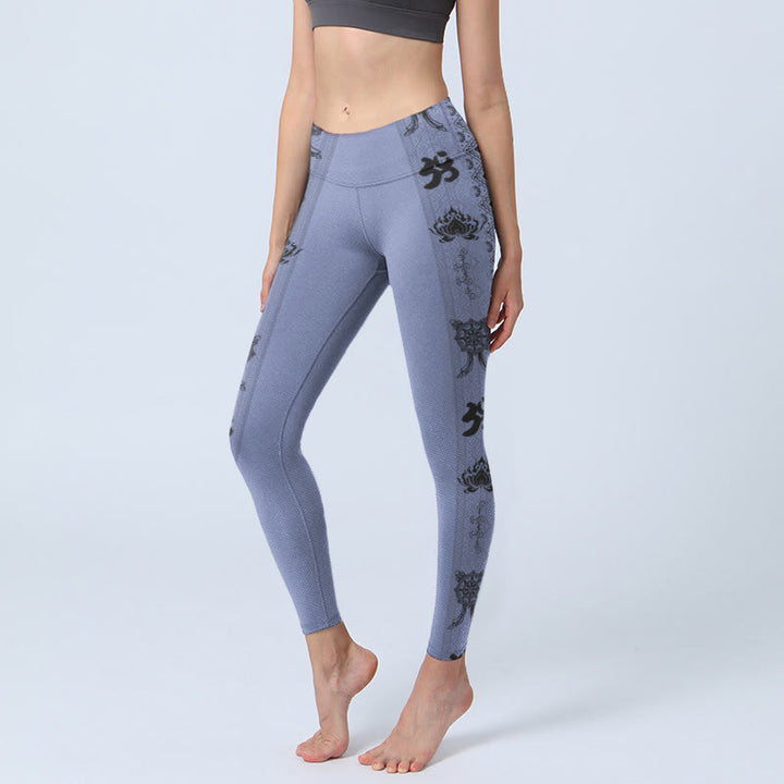 Buddha Stones Blue Stitching Sanskrit Word Om Lotus Pattern Print Gym Leggings Women's Yoga Pants - SteelBlue - US18，UK/AU22，EU50 (4XL) - image 0