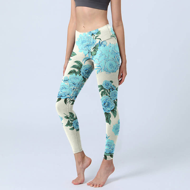 Buddha Stones White Stitching Peony Flowers Leaves Pattern Print Gym Leggings Women's Yoga Pants - Ivory - US18，UK/AU22，EU50 (4XL) - image 0