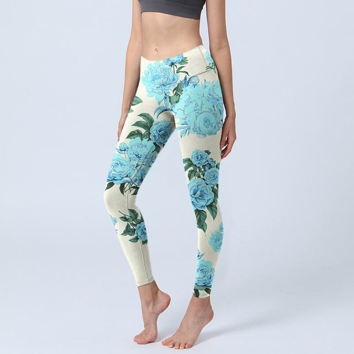 Buddha Stones White Stitching Peony Flowers Leaves Pattern Print Gym Leggings Women's Yoga Pants - Ivory - US18，UK/AU22，EU50 (4XL) - image 0