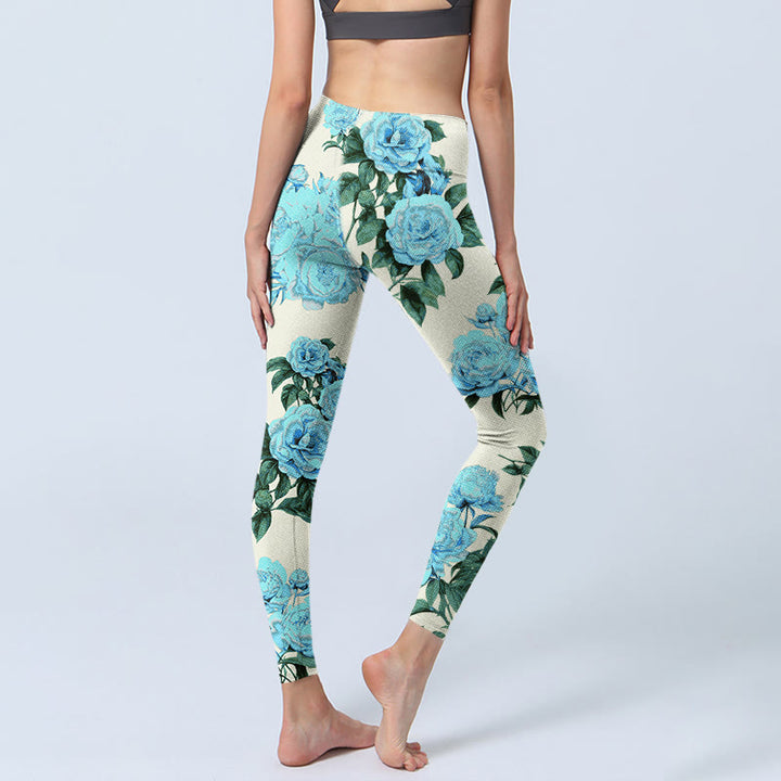 Buddha Stones White Stitching Peony Flowers Leaves Pattern Print Gym Leggings Women's Yoga Pants - image 3