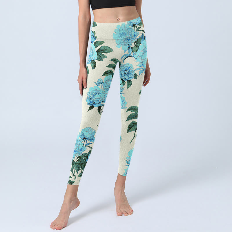 Buddha Stones White Stitching Peony Flowers Leaves Pattern Print Gym Leggings Women's Yoga Pants - image 5
