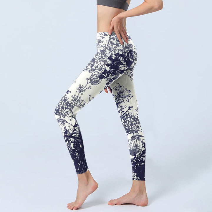 Buddha Stones White Stitching Flowers Leaves Birds Butterfly Pattern Print Gym Leggings Women's Yoga Pants - image 2