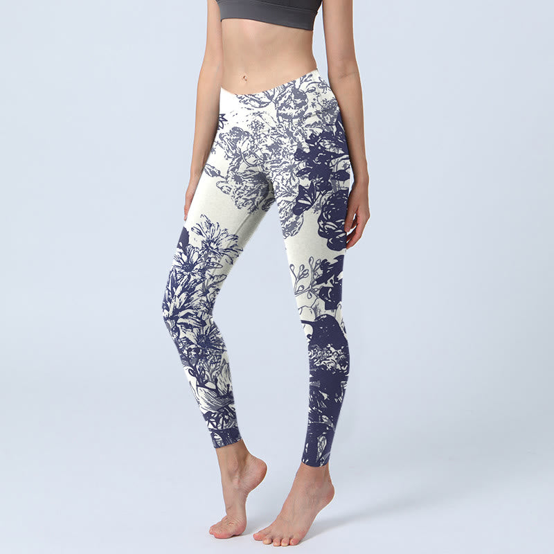 Buddha Stones White Stitching Flowers Leaves Birds Butterfly Pattern Print Gym Leggings Women's Yoga Pants - MintCream - US18，UK/AU22，EU50 (4XL) - image 0