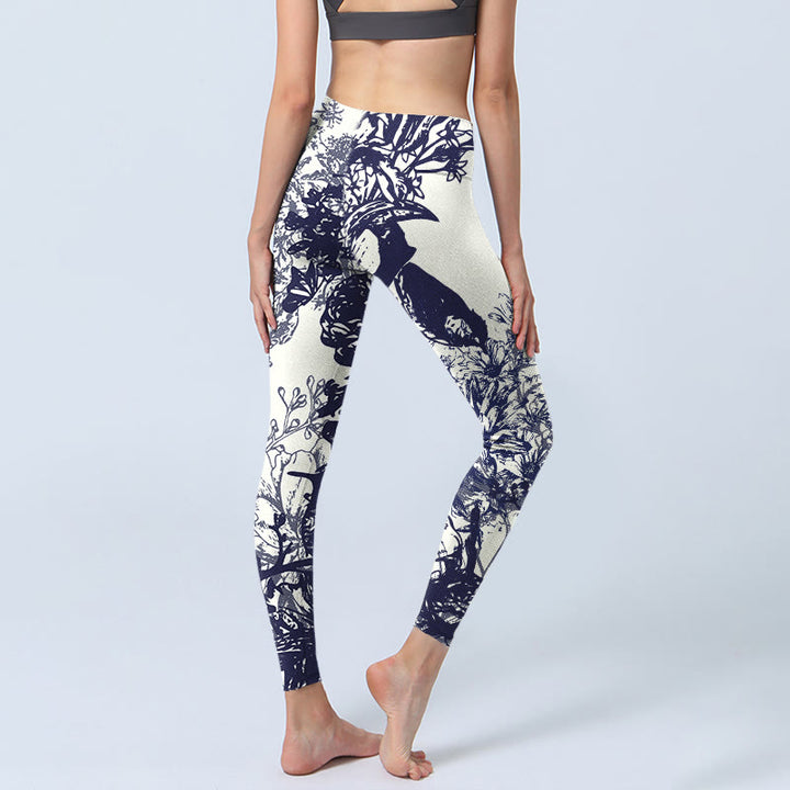 Buddha Stones White Stitching Flowers Leaves Birds Butterfly Pattern Print Gym Leggings Women's Yoga Pants - image 3