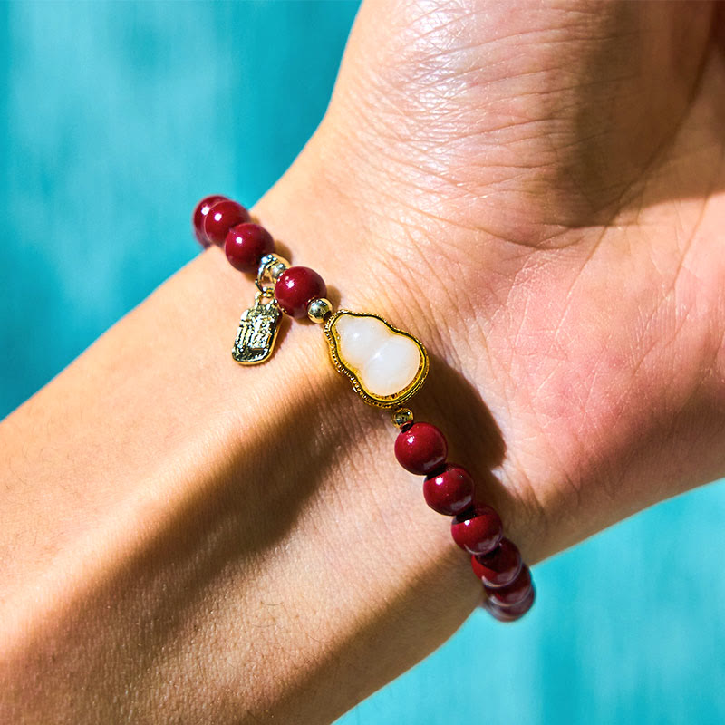 Buddha Stones Cinnabar Gourd Fu Character Charm Blessing Bracelet - image 7
