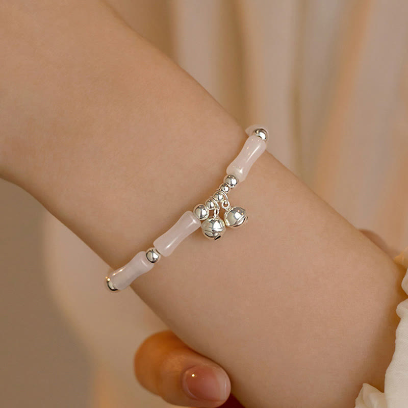Buddha Stones 925 Sterling Silver Natural White Jade Bamboo Bell Charm Luck Happiness Bracelet - image 6