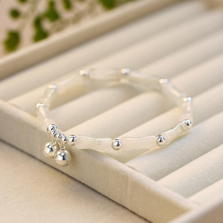 Buddha Stones 925 Sterling Silver Natural White Jade Bamboo Bell Charm Luck Happiness Bracelet - Hetian White Jade(Protection♥Happiness)(Wrist Circumference 14-16cm) - image 0