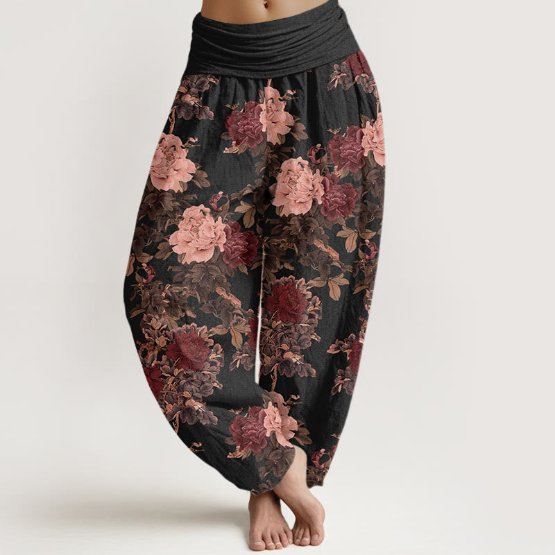 Buddha Stones Casual Lush Peony Flowers Leaf Pattern Women's Elastic Waist Harem Pants - Black - US22，UK/AU26，EU54 (6XL) - image 0