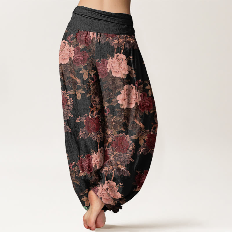 Buddha Stones Casual Lush Peony Flowers Leaf Pattern Women's Elastic Waist Harem Pants - image 2
