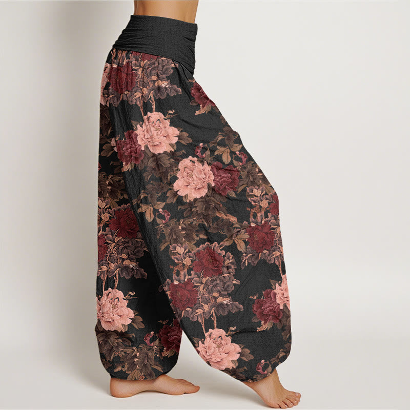 Buddha Stones Casual Lush Peony Flowers Leaf Pattern Women's Elastic Waist Harem Pants - image 1