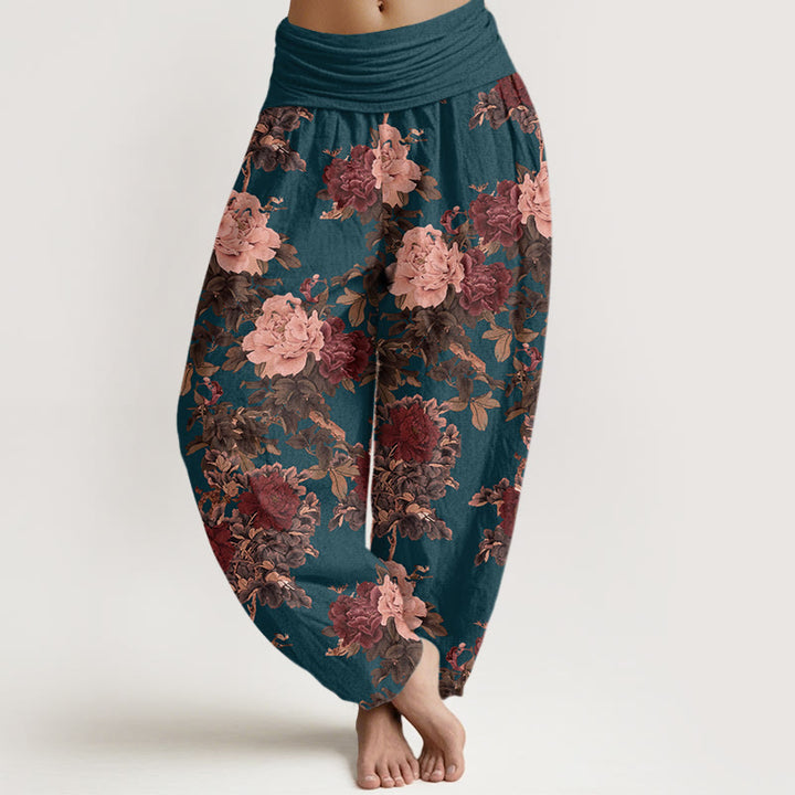 Buddha Stones Casual Lush Peony Flowers Leaf Pattern Women's Elastic Waist Harem Pants - SteelBlue - US22，UK/AU26，EU54 (6XL) - image 7