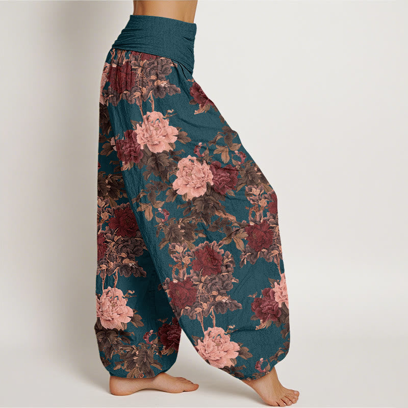 Buddha Stones Casual Lush Peony Flowers Leaf Pattern Women's Elastic Waist Harem Pants - image 8