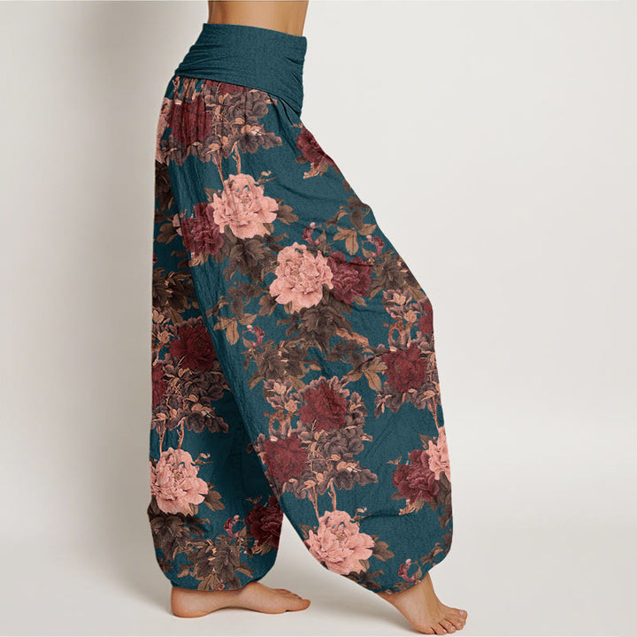 Buddha Stones Casual Lush Peony Flowers Leaf Pattern Women's Elastic Waist Harem Pants - image 8