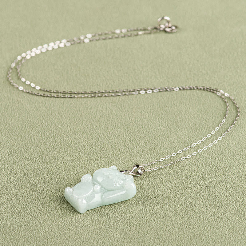 Buddha Stones Jade Fortune Cat Prosperity Titanium Steel Necklace Pendant - image 3