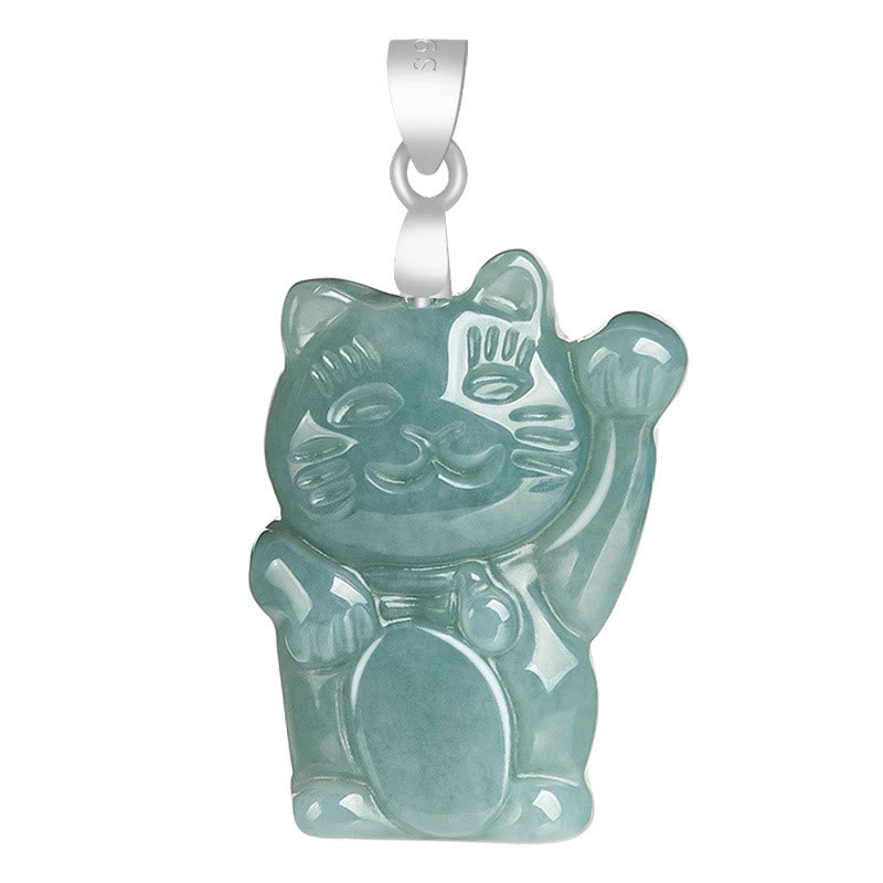 Buddha Stones 925 Sterling Silver Natural Jade Lucky Cat Abundance Necklace Pendant - image 4