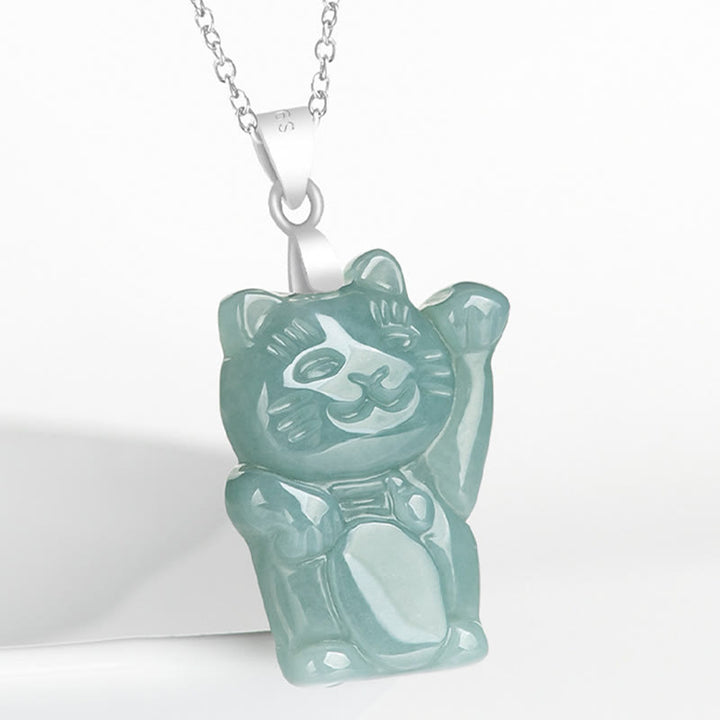 Buddha Stones 925 Sterling Silver Natural Jade Lucky Cat Abundance Necklace Pendant - image 2