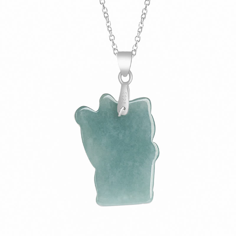 Buddha Stones 925 Sterling Silver Natural Jade Lucky Cat Abundance Necklace Pendant - image 1