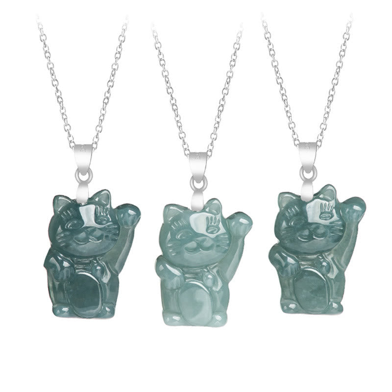 Buddha Stones 925 Sterling Silver Natural Jade Lucky Cat Abundance Necklace Pendant - image 6