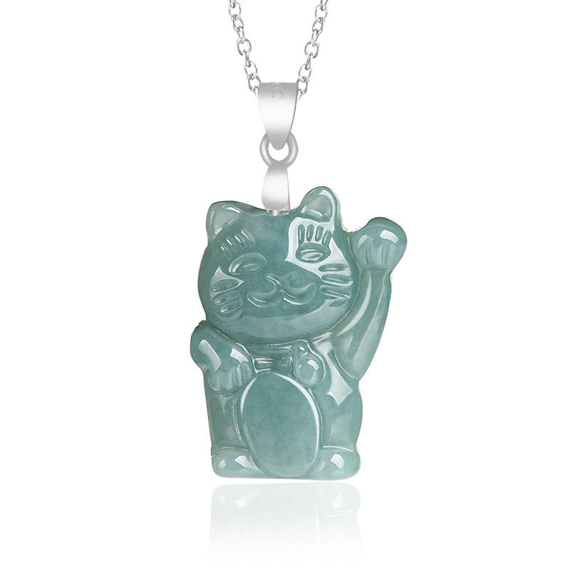 Buddha Stones 925 Sterling Silver Natural Jade Lucky Cat Abundance Necklace Pendant - Jade - image 0
