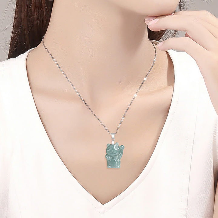Buddha Stones 925 Sterling Silver Natural Jade Lucky Cat Abundance Necklace Pendant - image 7