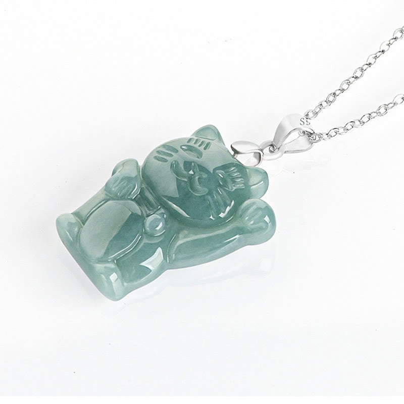 Buddha Stones 925 Sterling Silver Natural Jade Lucky Cat Abundance Necklace Pendant - image 3