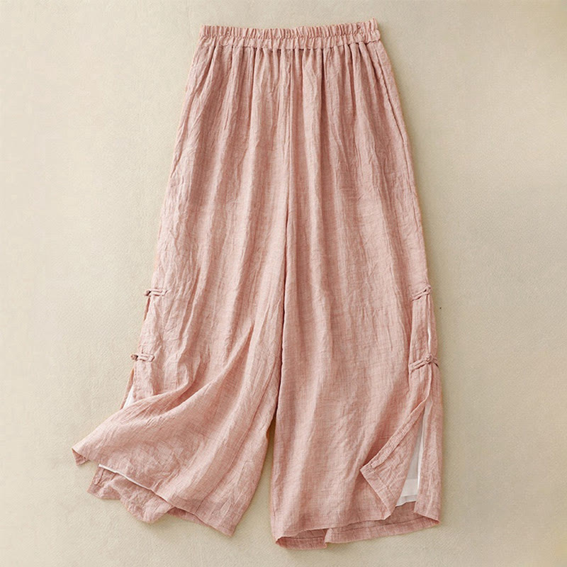 Buddha Stones Casual Plain Color Chinese Frog Button Cotton Linen Women's Wide Leg Pants - LightPink - US8-10，UK/AU12-14，EU40-42 (2XL) - image 0