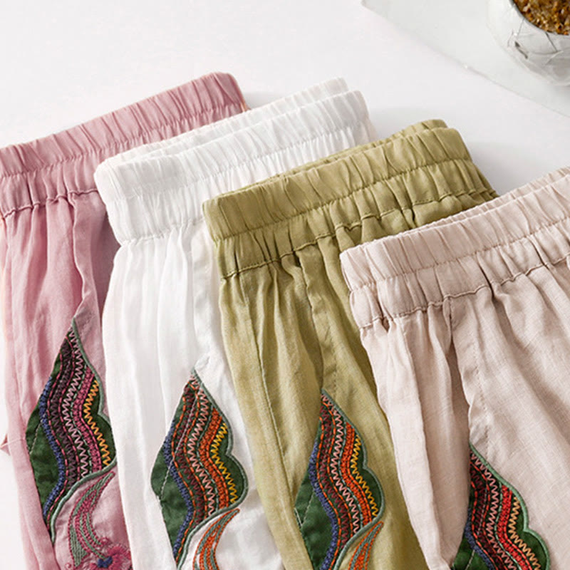 Buddha Stones Summer Embroidery Double Layer Cotton Linen Women's Wide Leg Pants With Pockets - image 30