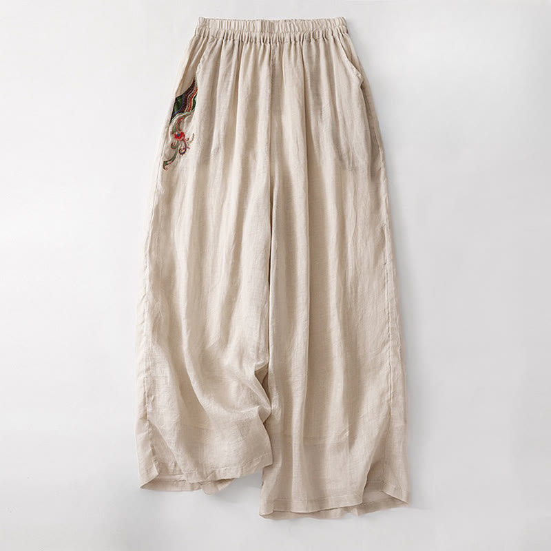 Buddha Stones Summer Embroidery Double Layer Cotton Linen Women's Wide Leg Pants With Pockets - PaleGoldenrod - US8-10，UK/AU12-14，EU40-42 (2XL) - image 16